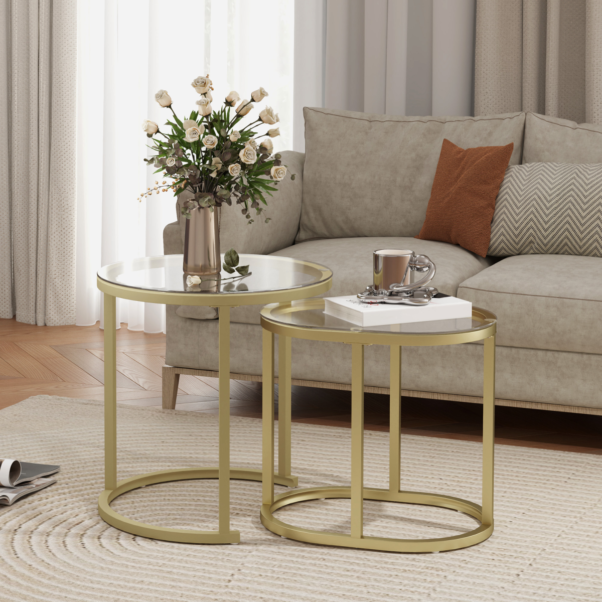 HOMCOM Set of 2 Tempered Glass Accent Tables with Gold Steel Frame