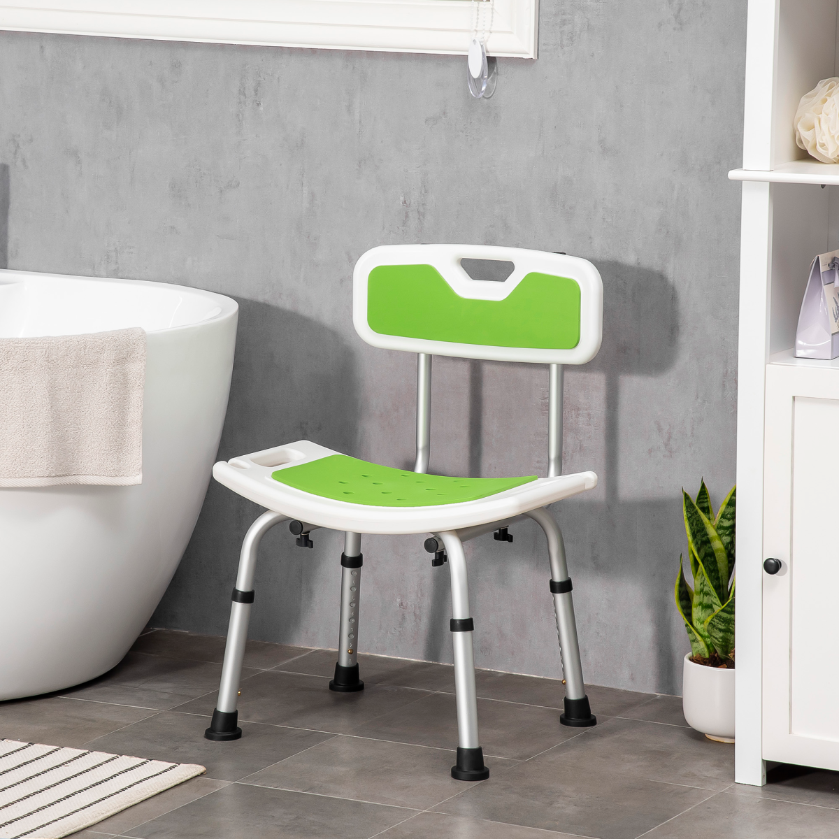Adjustable Shower Stool for Elderly and Disabled, Six-Level Height Adjustable Bath Seat with Back, Drainage Holes, Aluminium Frame and Anti-Slip Feet