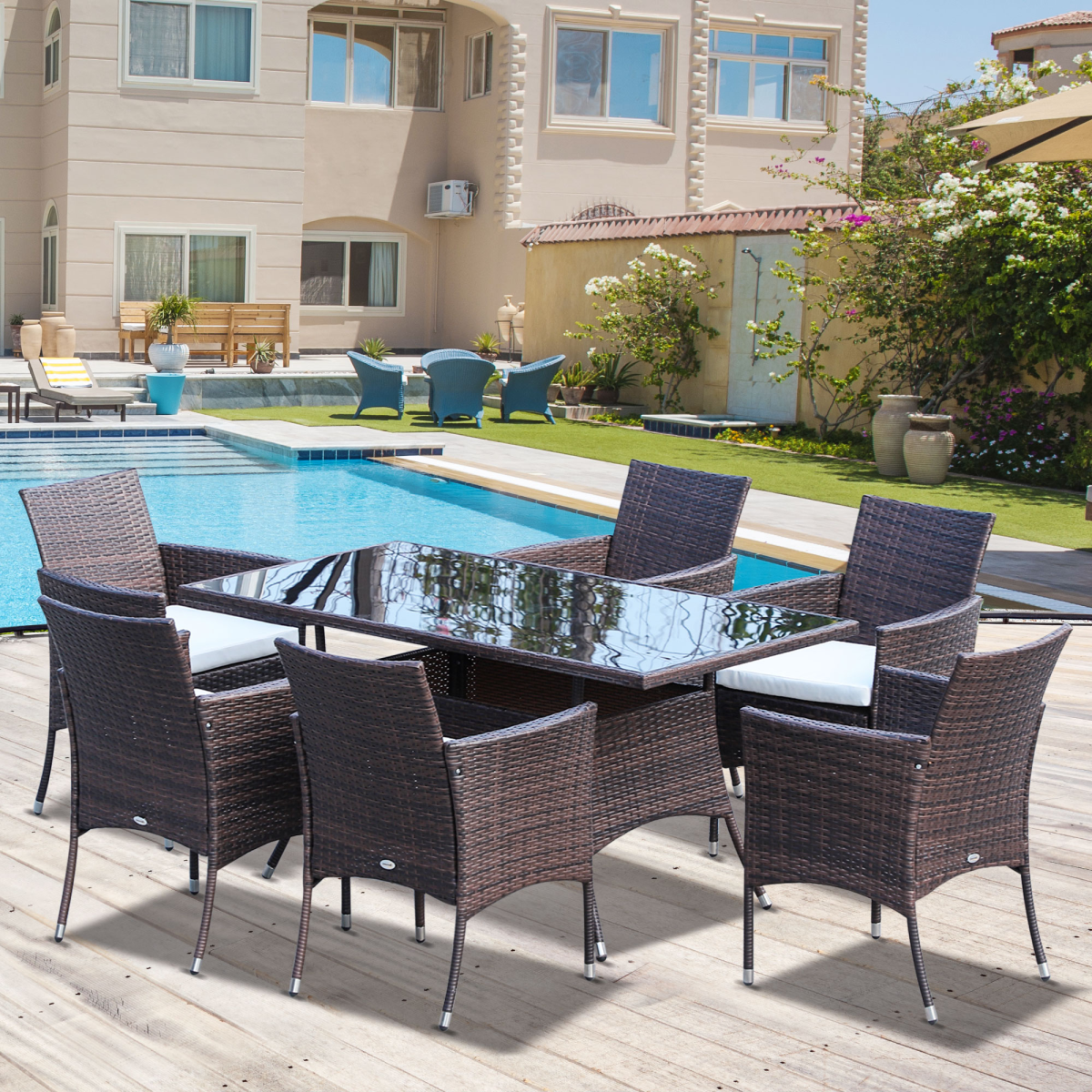 Outsunny 7-Piece Rattan Garden Dining Set, 6 Chairs, Glass Table Top