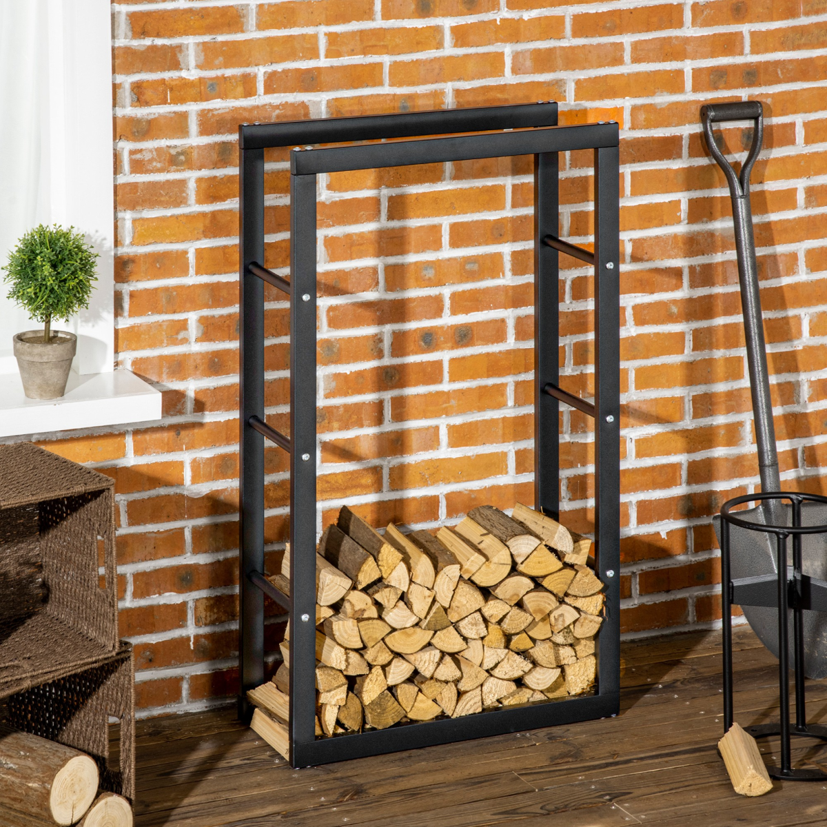 HOMCOM Metal Rust-Resistant Firewood Log Rack, Black, 100kg Capacity, Indoor and Light Outdoor Use
