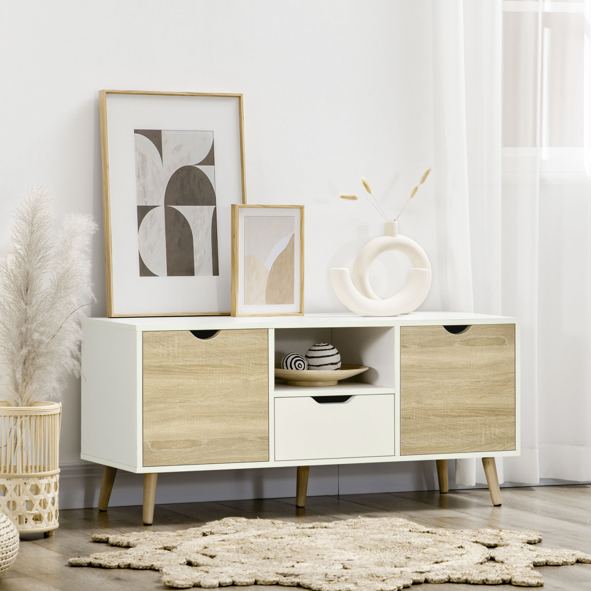 Modern TV Unit Cabinet Stand for TVs up to 50in with Open Shelf, Drawer and 2 Cupboards
