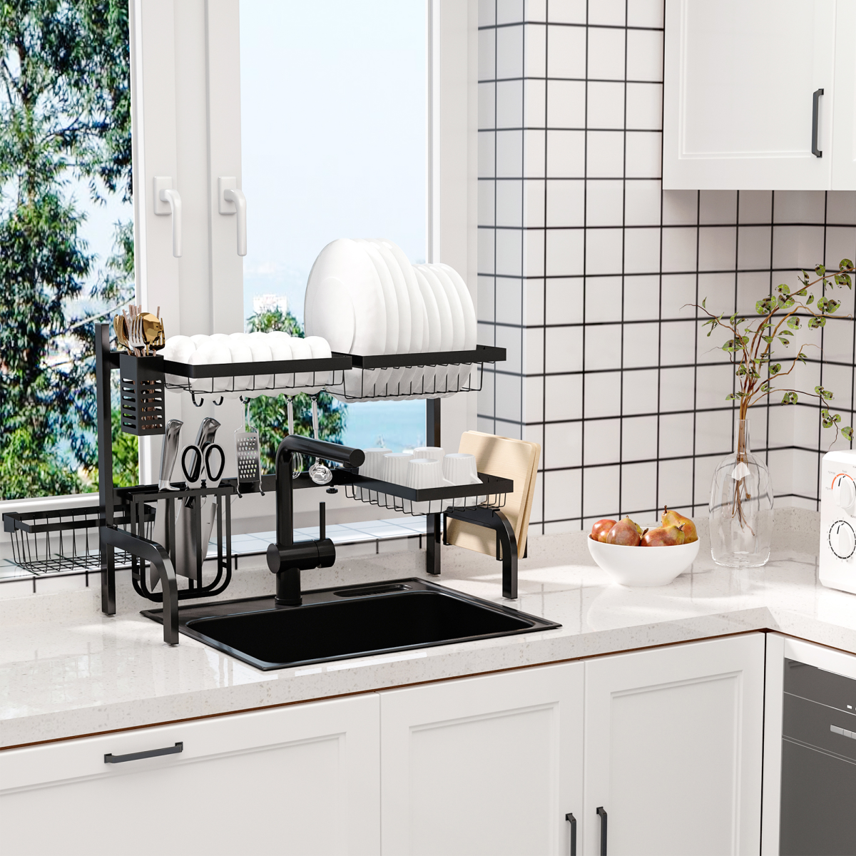 Space-Saving Adjustable 2-Tier Over-Sink Dish Drying Rack