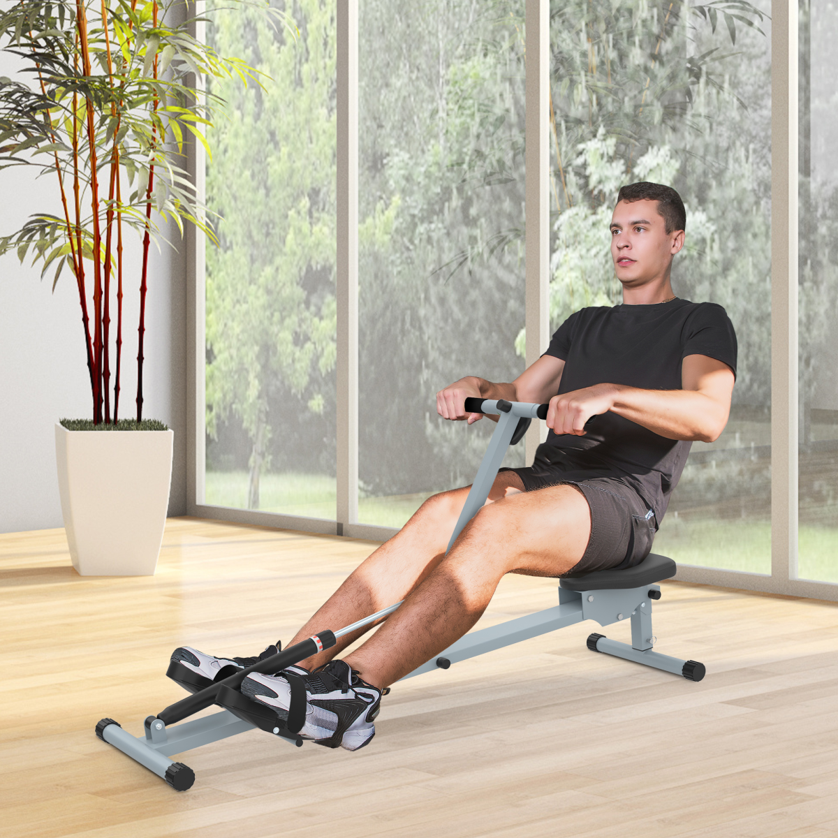 12-Level Adjustable Resistance Rowing Machine with LCD Monitor, Padded Seat and Non-Slip Handlebars for Full Body Workout