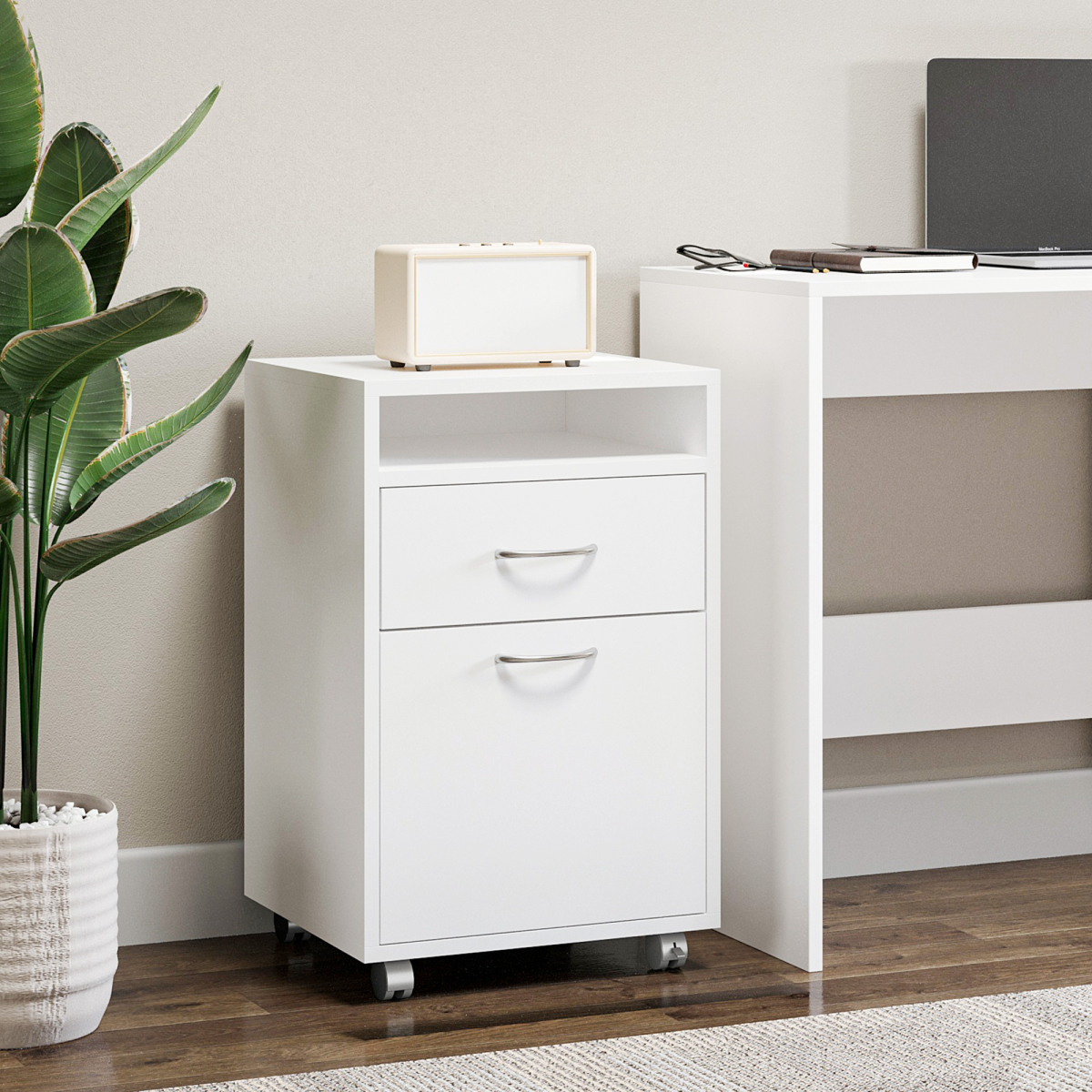 HOMCOM 60cm Storage Cabinet with Drawer, Open Shelf, Metal Handles, 4 Wheels, White