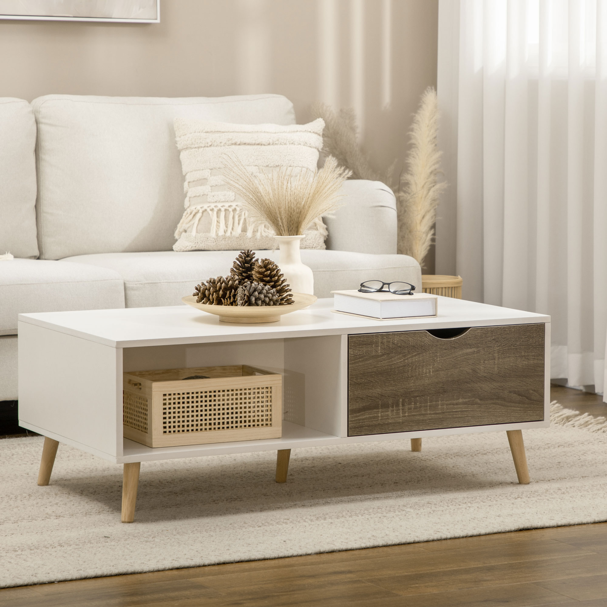 Modern White Coffee Table with Storage Shelves and 2 Drawers