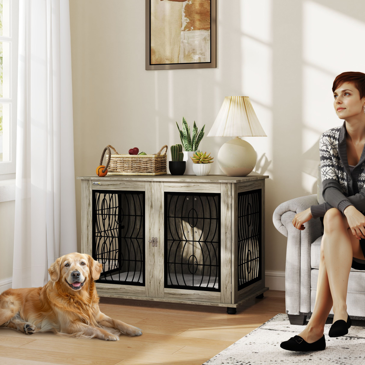 PawHut Dog Crate End Table for Large Dogs, Grey Wood-Effect Cushion