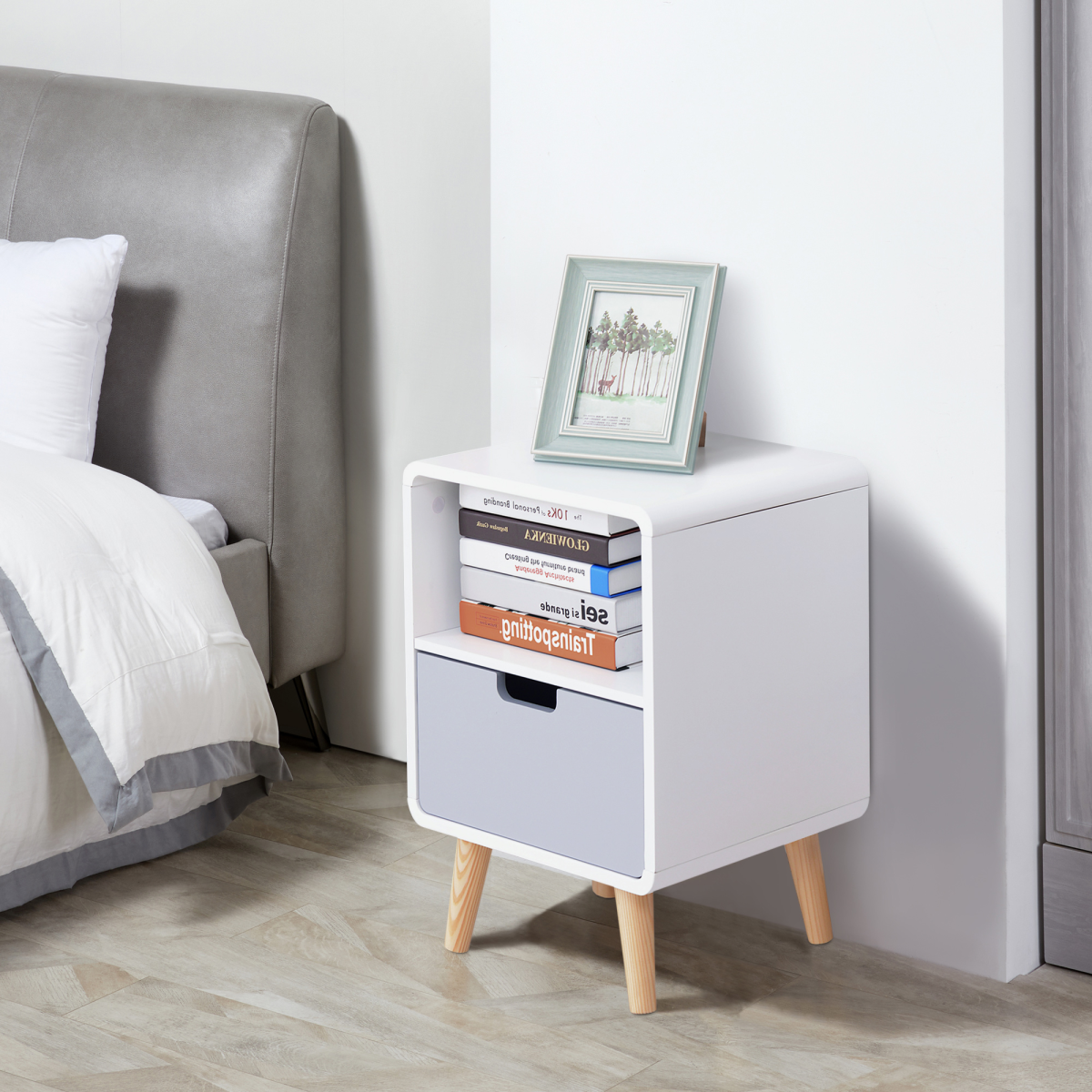 HOMCOM Scandinavian Nordic Style Bedside Table with Drawer and Open Shelf, End Table