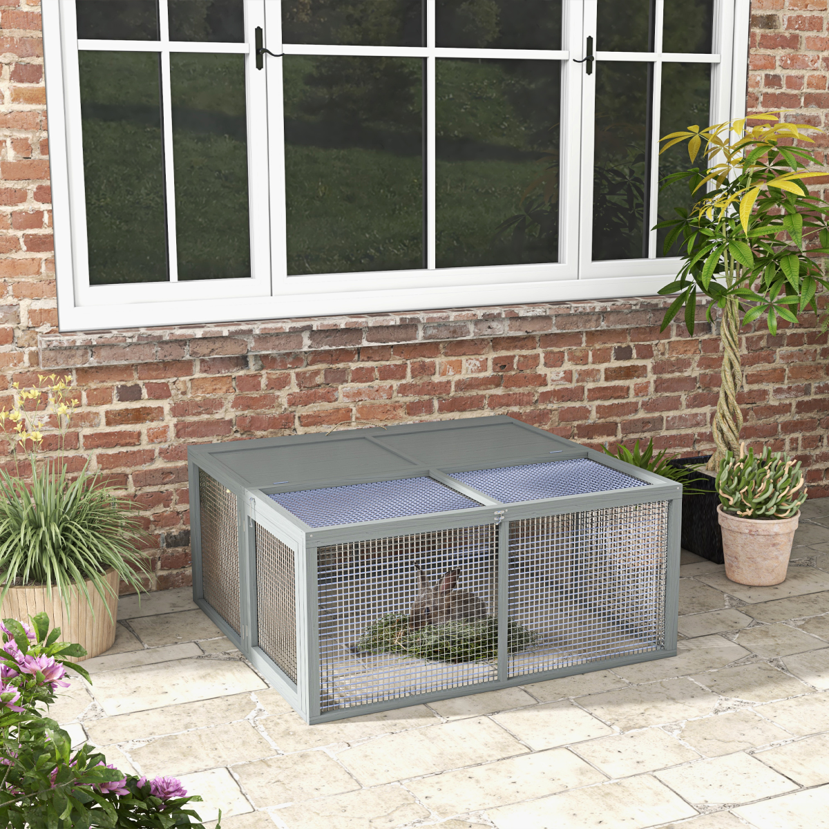 PawHut Foldable Wooden Rabbit Run for 2-3 Small Pets, Grey