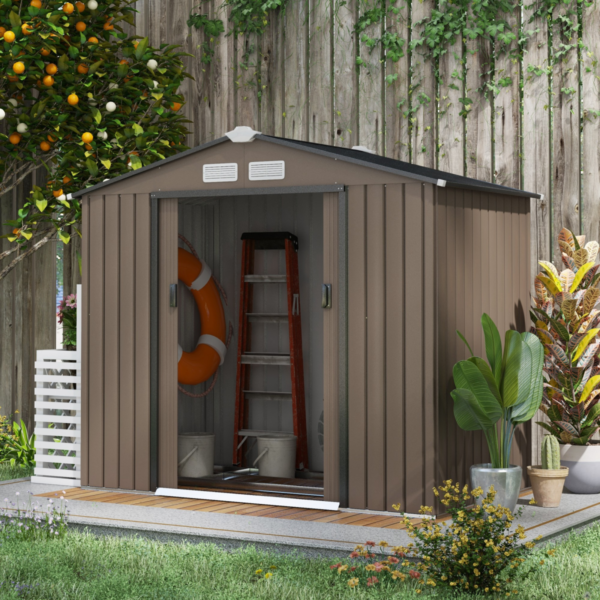 Outsunny Galvanized Metal Garden Shed with Locking Double Doors and Ventilation, Brown