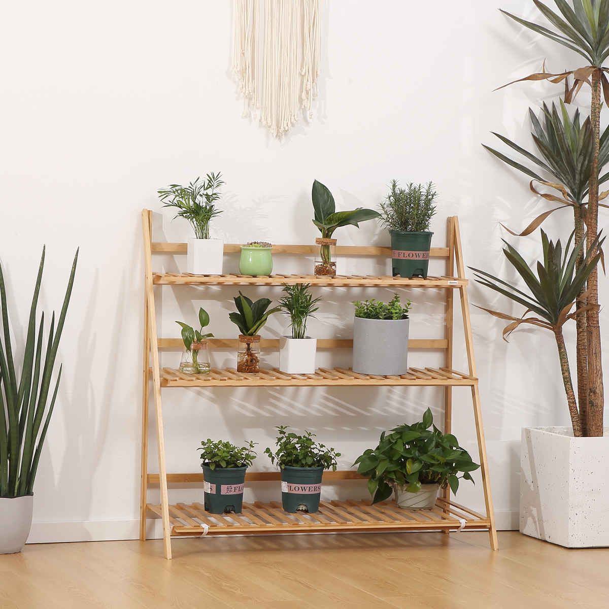 Outsunny Folding 3-Tier Bamboo Plant Stand Shelf for Indoor & Outdoor