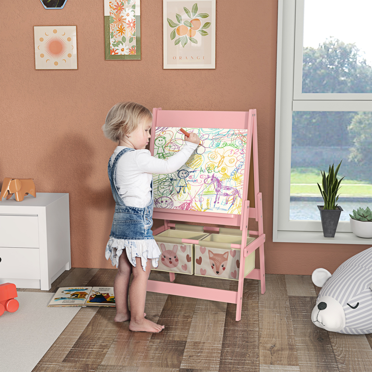 AIYAPLAY Kids 3-in-1 Easel with Paper Roll, Blackboard & Whiteboard, Pink