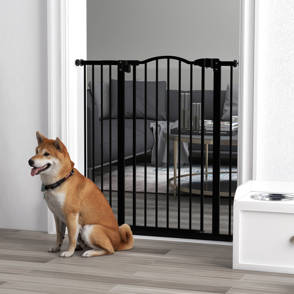 PawHut Adjustable 74-94cm Metal Pet Gate with Auto-Close Door White