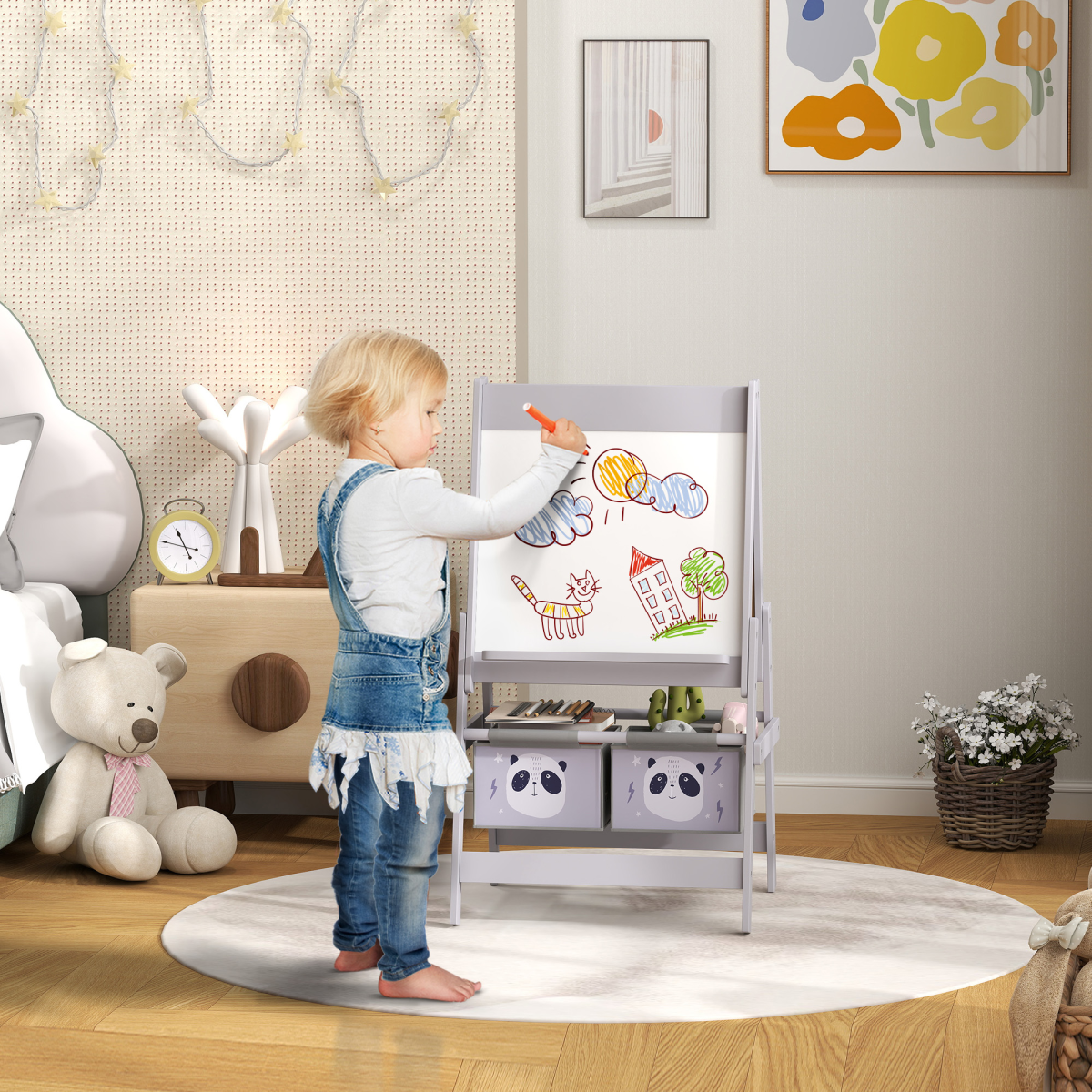 AIYAPLAY 3-in-1 Kids Easel with Paper Roll, Storage, Grey