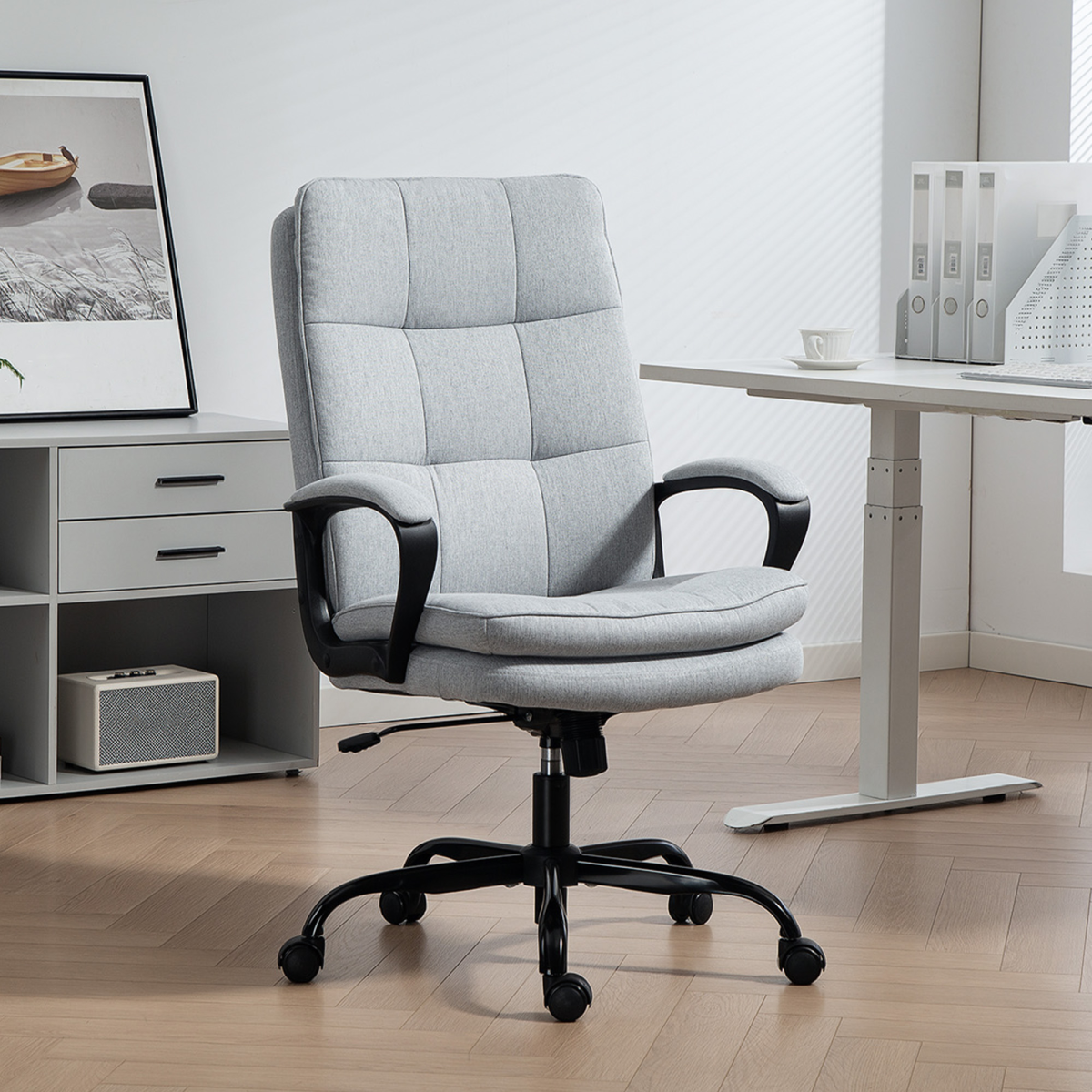 HOMCOM Light Grey Fabric Office Chair, Adjustable Swivel Desk Chair