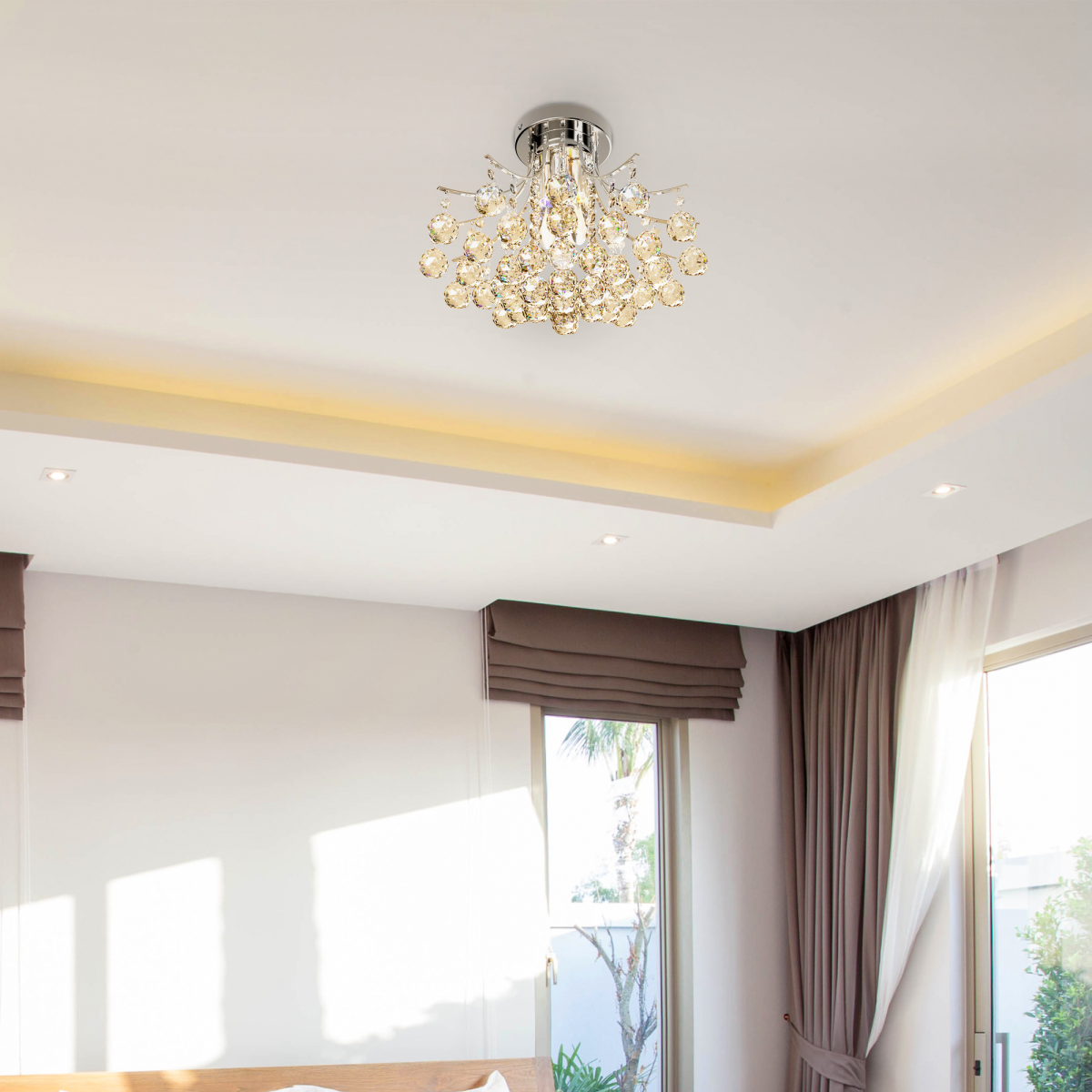 HOMCOM Modern K9 Crystal Chandelier Ceiling Light, 3-Light E14 Flush Mount, 43 Crystal Balls, 140 Octagonal Beads, Bulbs Not Included
