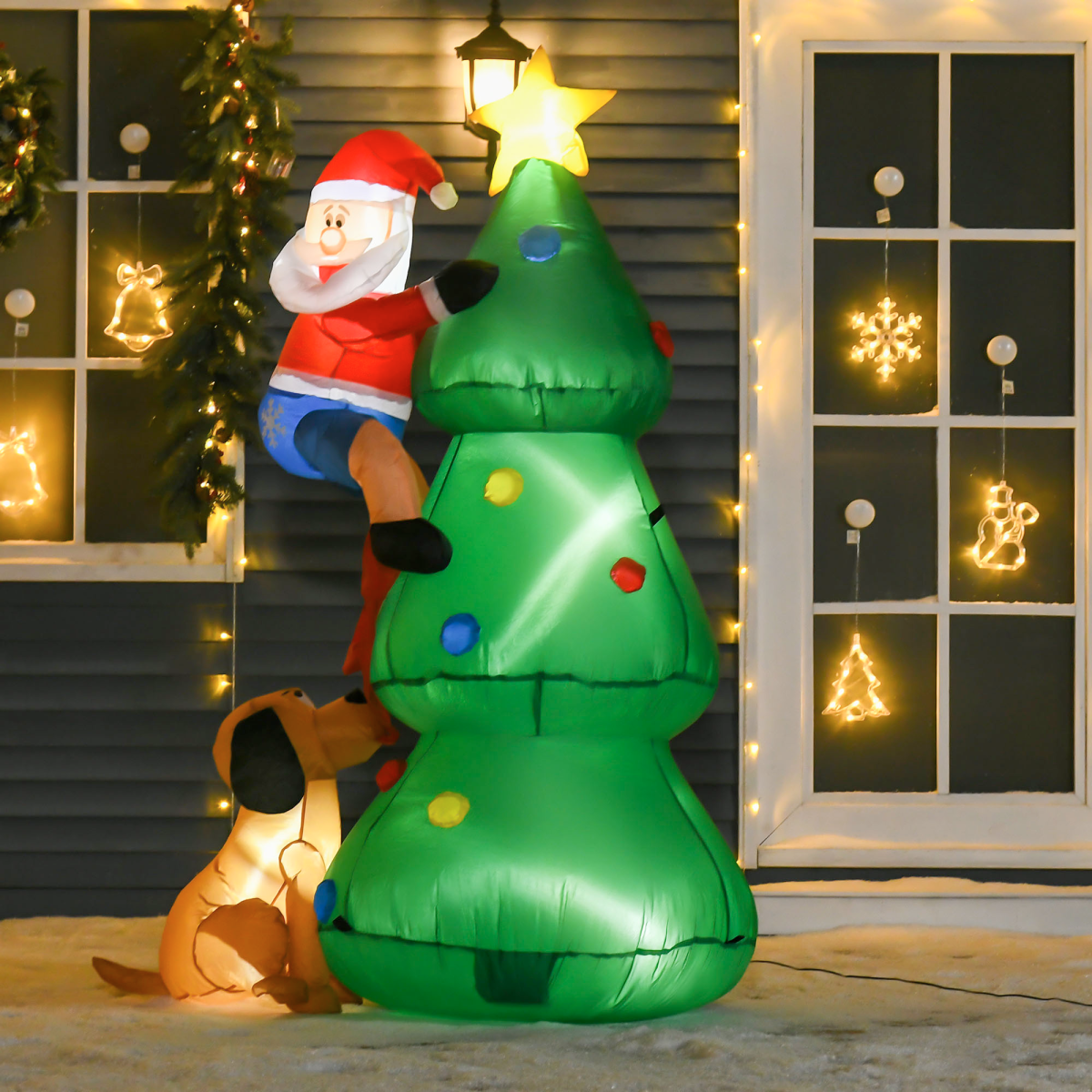 1.8m Inflatable Christmas Tree with Santa Claus and Dog, LED Lighted Christmas Decoration, Indoor and Outdoor Holiday Display