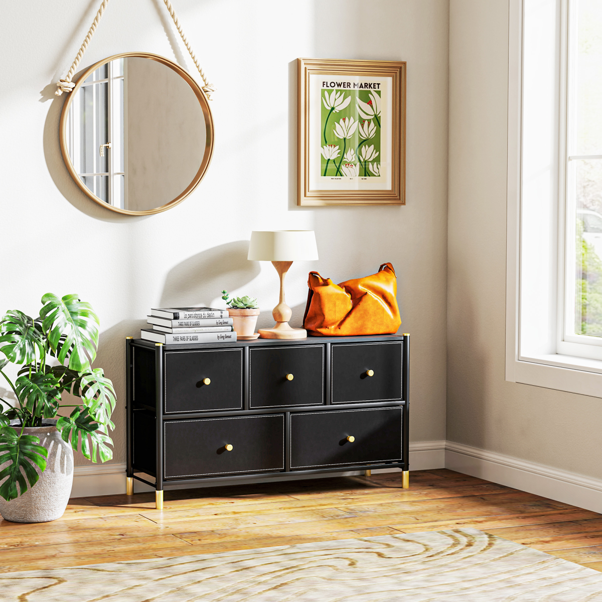 HOMCOM Black Fabric Chest of Drawers with PU Leather Surface