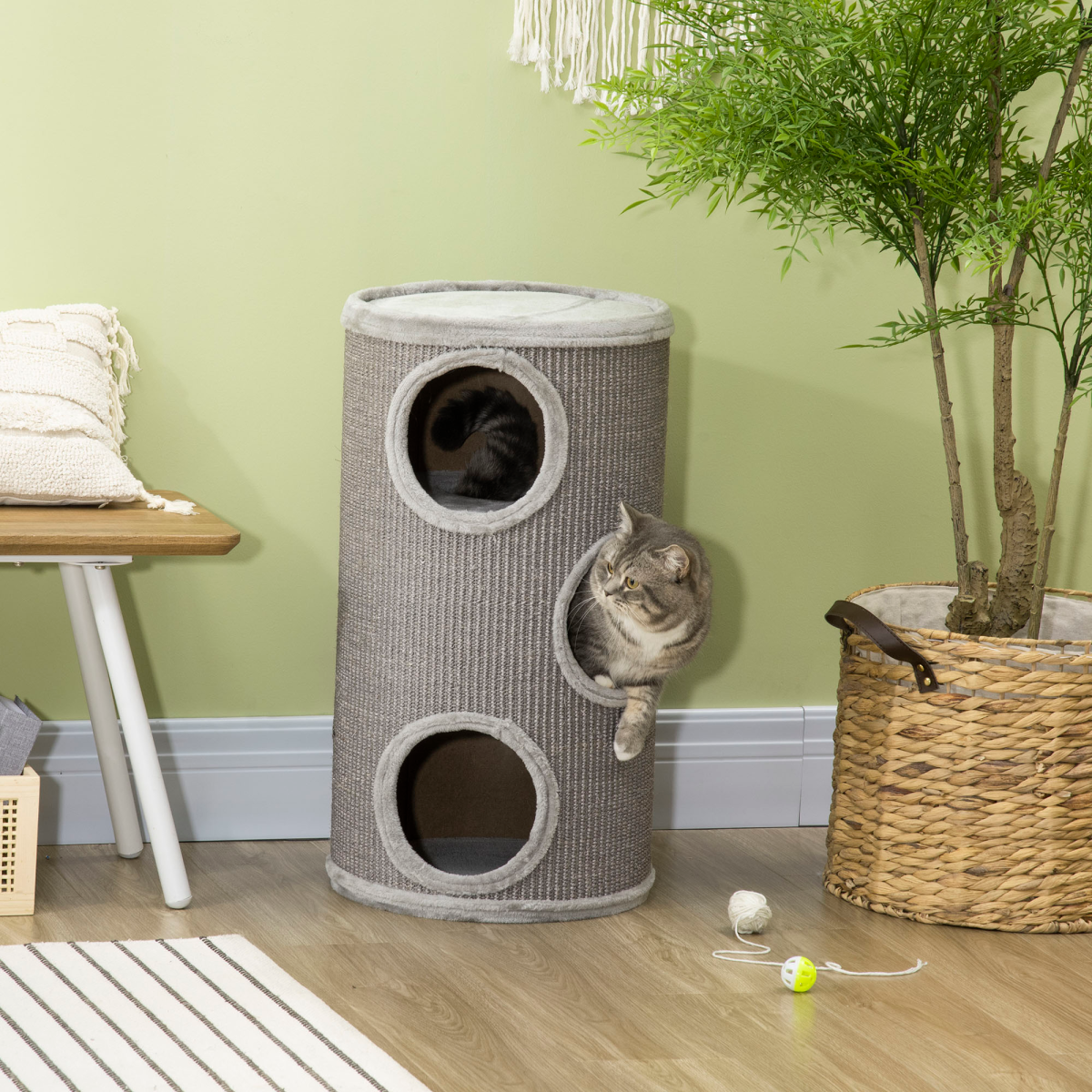 PawHut Light Grey Cat Barrel Tower with Sisal and Plush Platform