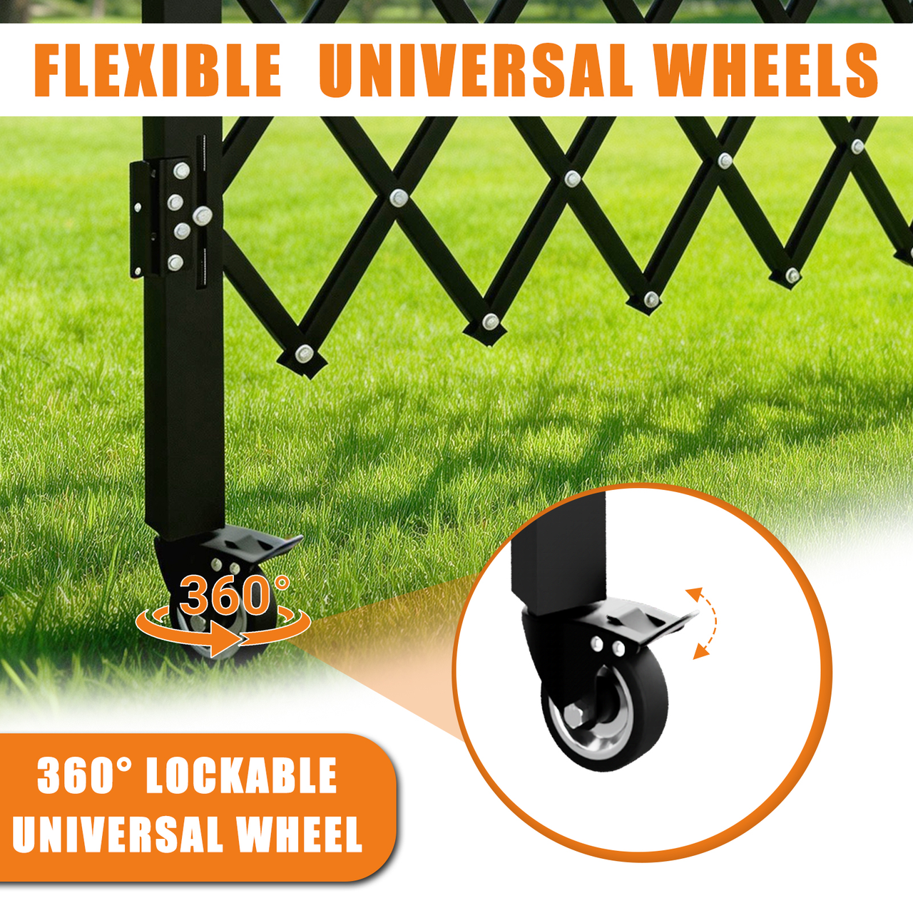 Foldable Security Gate, Expandable Safety Barrier with 360° Swivel Casters Lockable Design, Portable Mobile Rolling Barricade for Garage, Warehouse, Driveway and Pool Areas (51.57" H x 42" W)