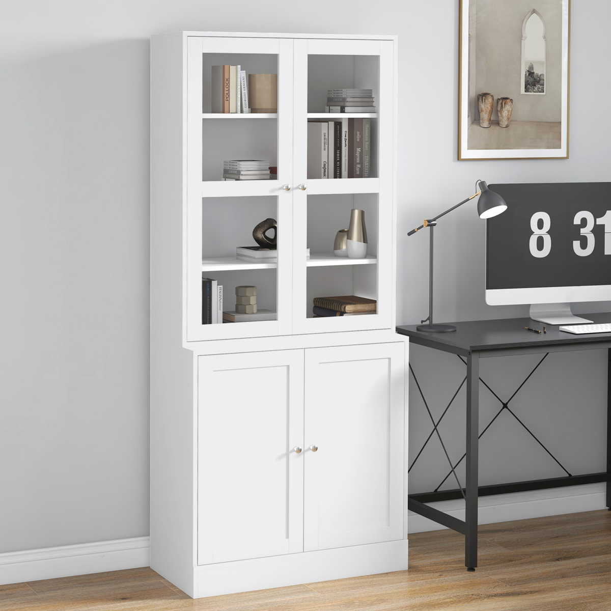 HOMCOM Modern Bookcase Storage Cabinet with Glass Doors, Adjustable Shelves