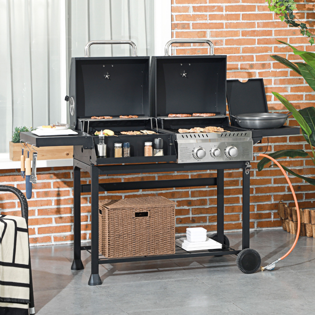 Outsunny Dual Fuel BBQ Grill with Wheels and Warming Rack