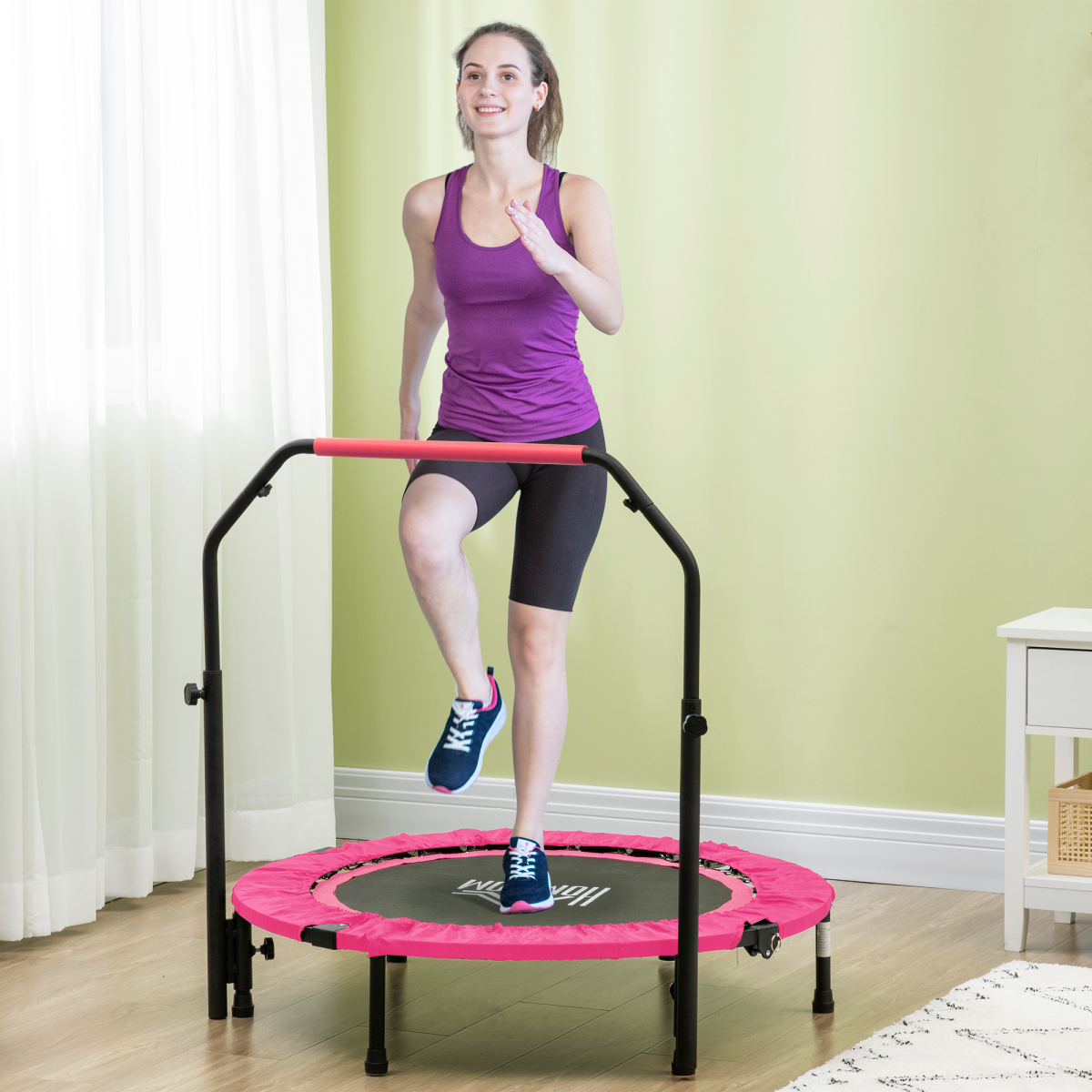 HOMCOM 40in Foldable Fitness Trampoline with Adjustable Handle, Pink