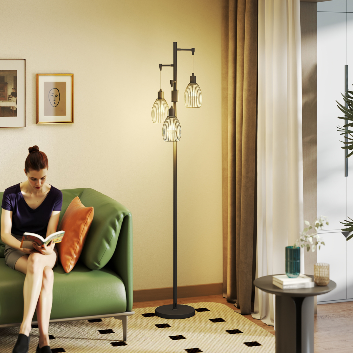 HOMCOM Industrial 3-Light Dimmable Floor Lamp, Black, 2700K