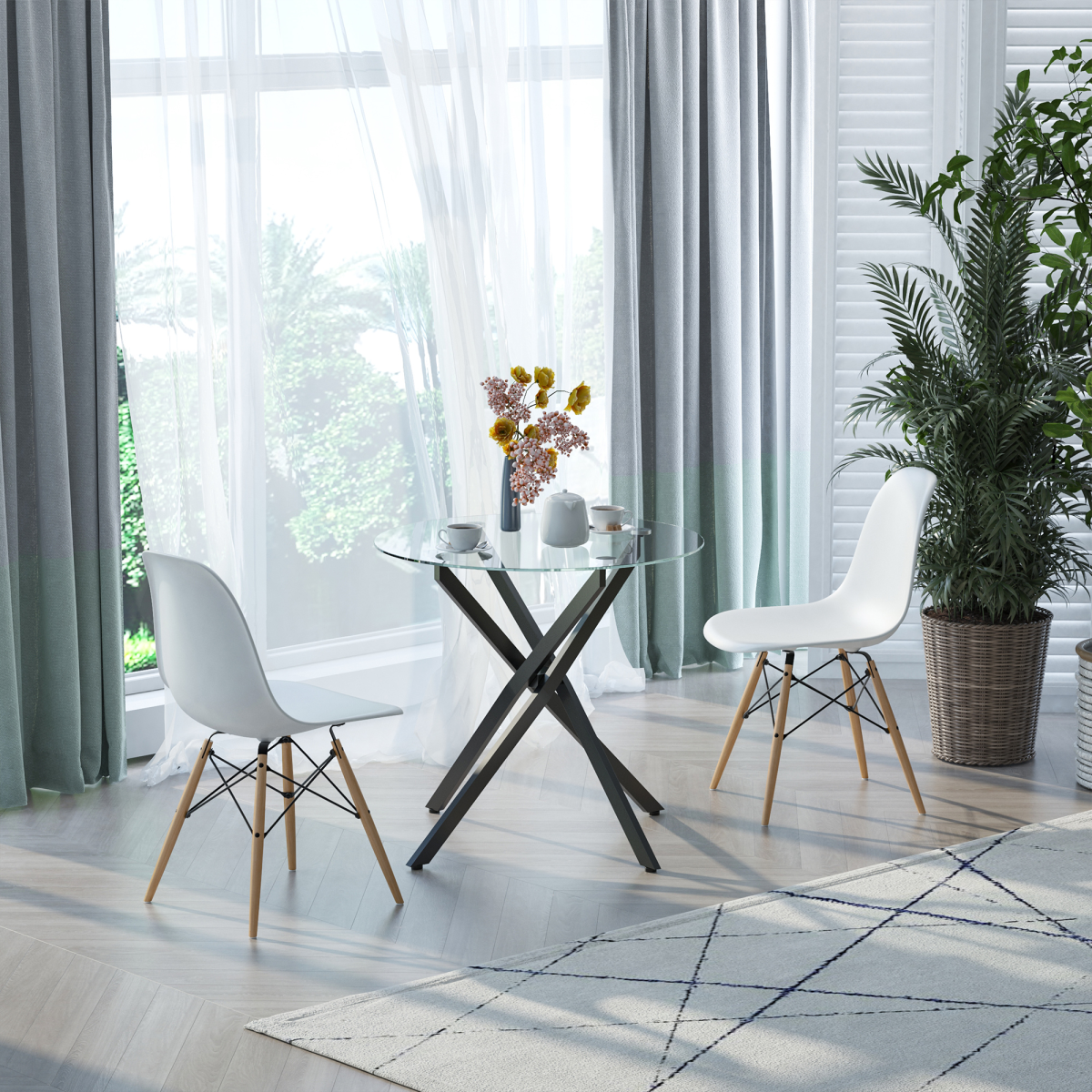 Clear Glass Round Side Table with Metal Frame, Black