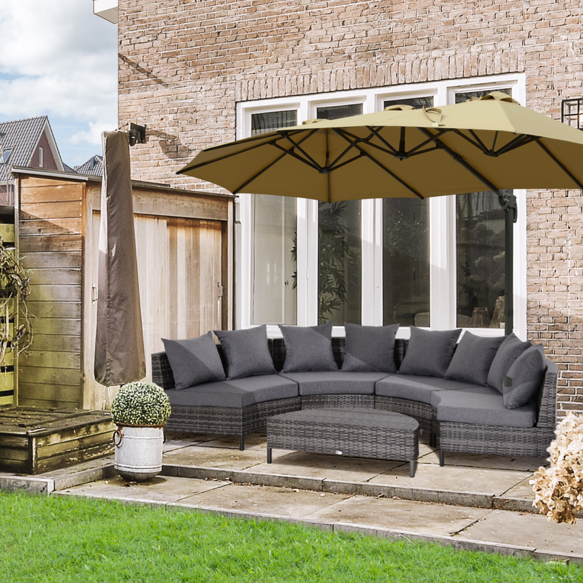 Outsunny 5-Piece Half Moon Rattan Garden Sofa Set, Grey