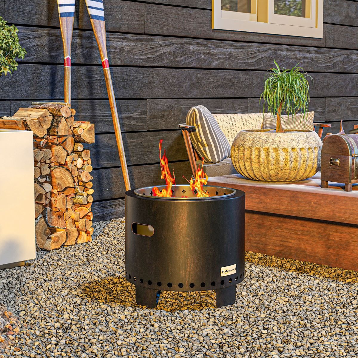 Outsunny 45cm Smokeless Wood Burning Metal Fire Pit with Poker, Black