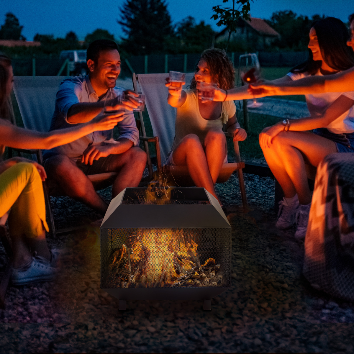 HOMCOM Square Steel Fire Pit with Poker, Black