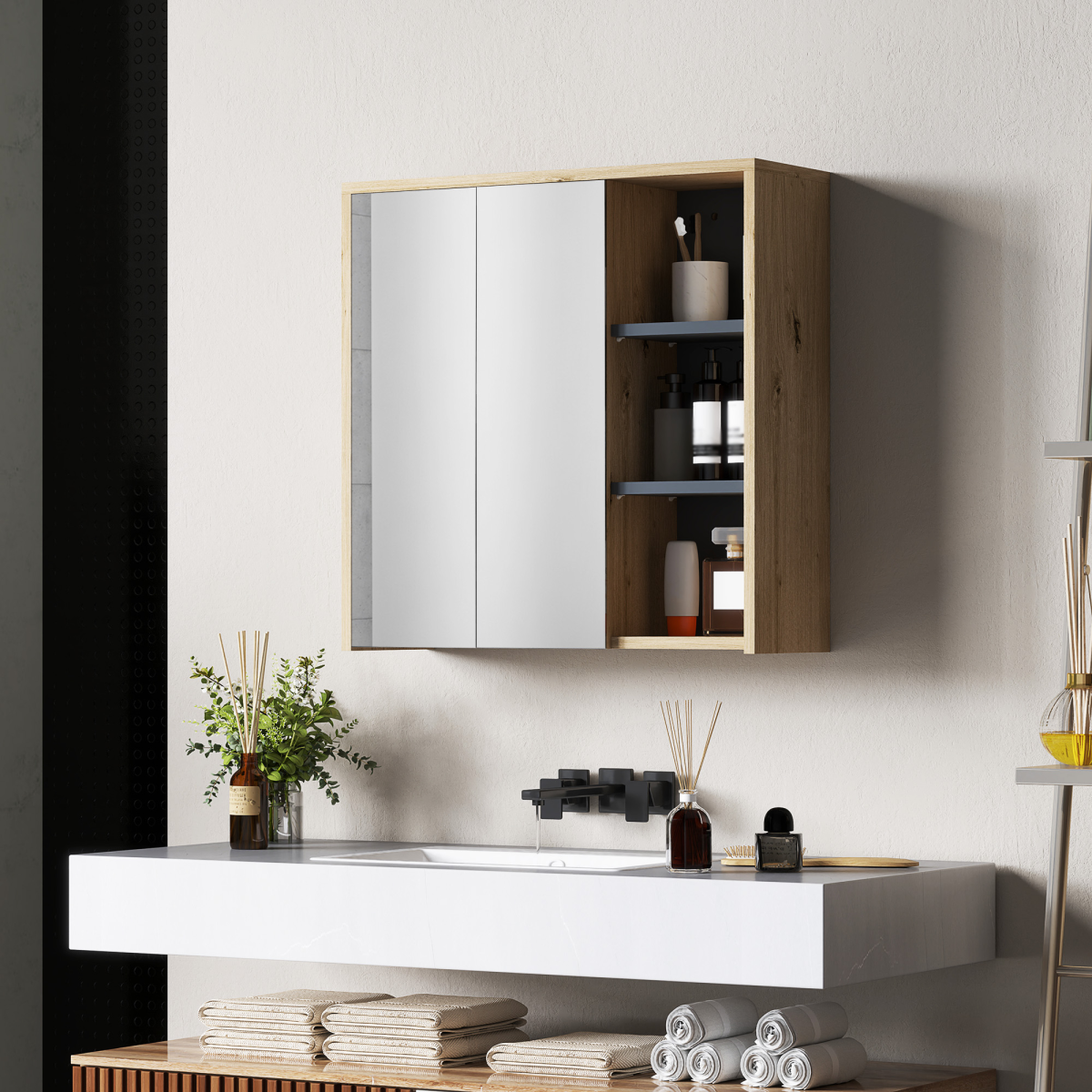 HOMCOM Wall Mounted Bathroom Mirror Cabinet with 5 Shelves, Natural