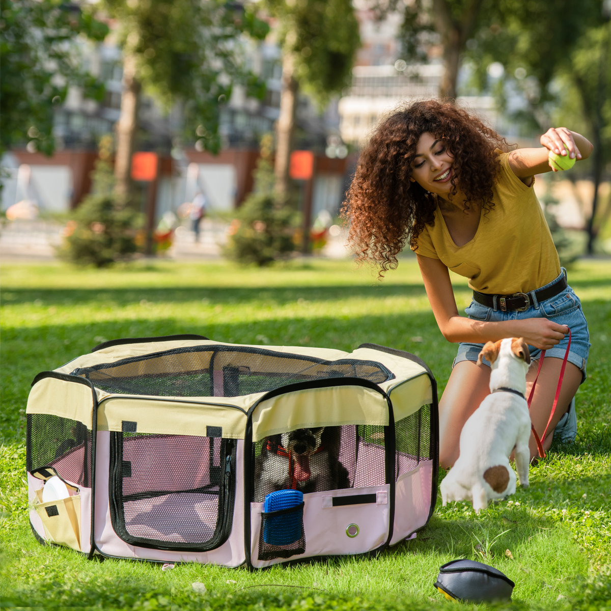 Portable Soft-Sided Fabric Pet Playpen with Mesh Panels, Waterproof Floor, Detachable Cover, and Carrying Bag