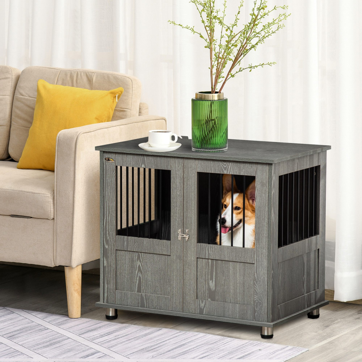 PawHut Wooden & Wire Dog Cage for Medium Dogs, Stylish Pet Kennel with Magnetic Doors, Wide Top and Elevated Base