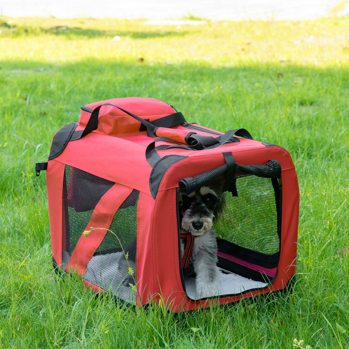 Pawhut Folding Soft Pet Carrier Bag with Mesh Windows and Carry Handles, 60 x 42 x 42 cm, Red