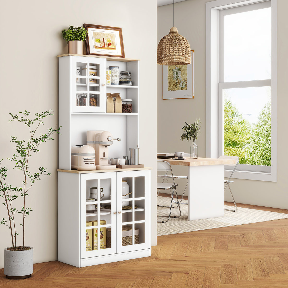 183cm Sideboard Grid Glass Doors Shelves Kitchen 72" Solid w/Glass Door