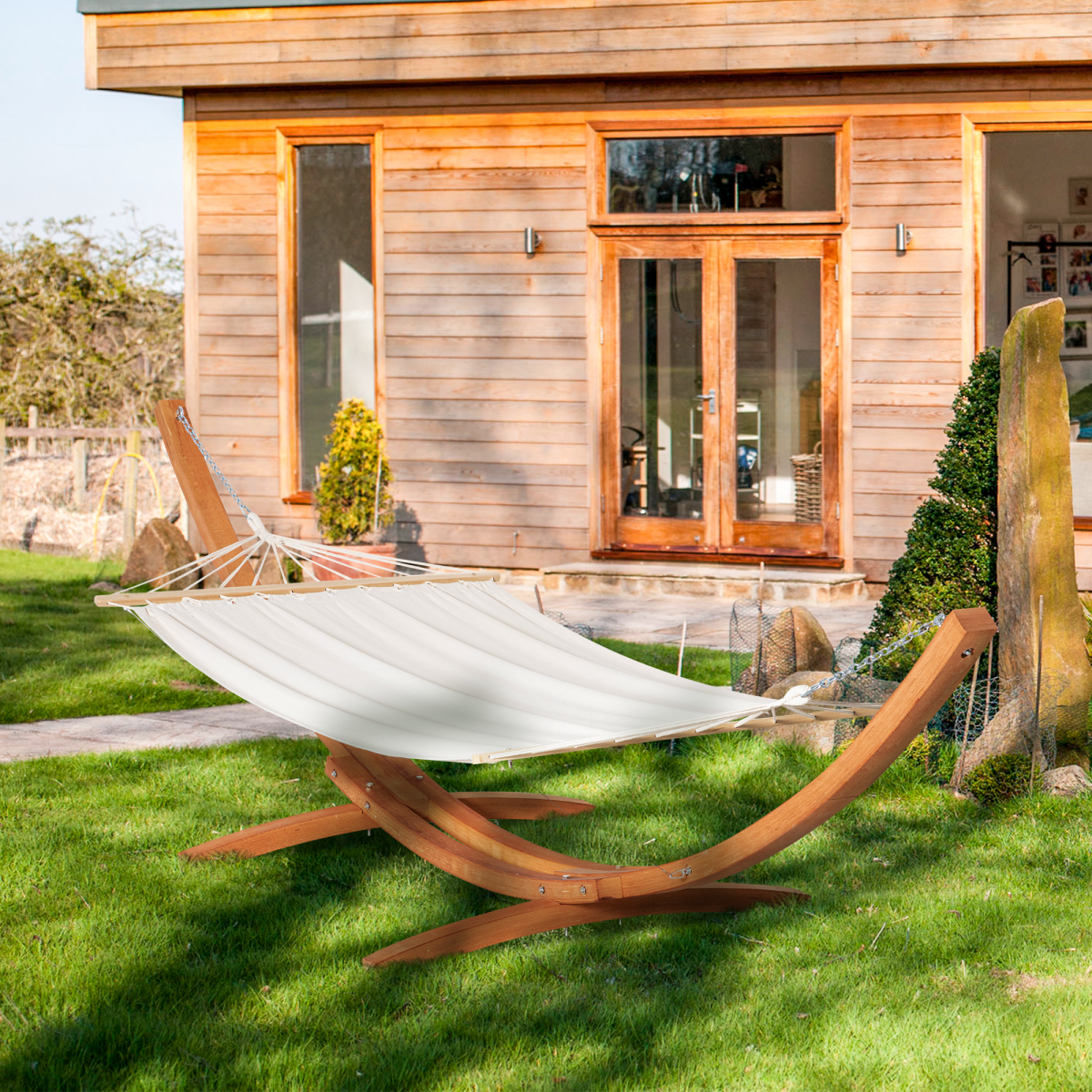 Outsunny Outdoor Garden Hammock with Wooden Stand, Curved Wooden Frame, Wide Cotton Hanging Bed, White