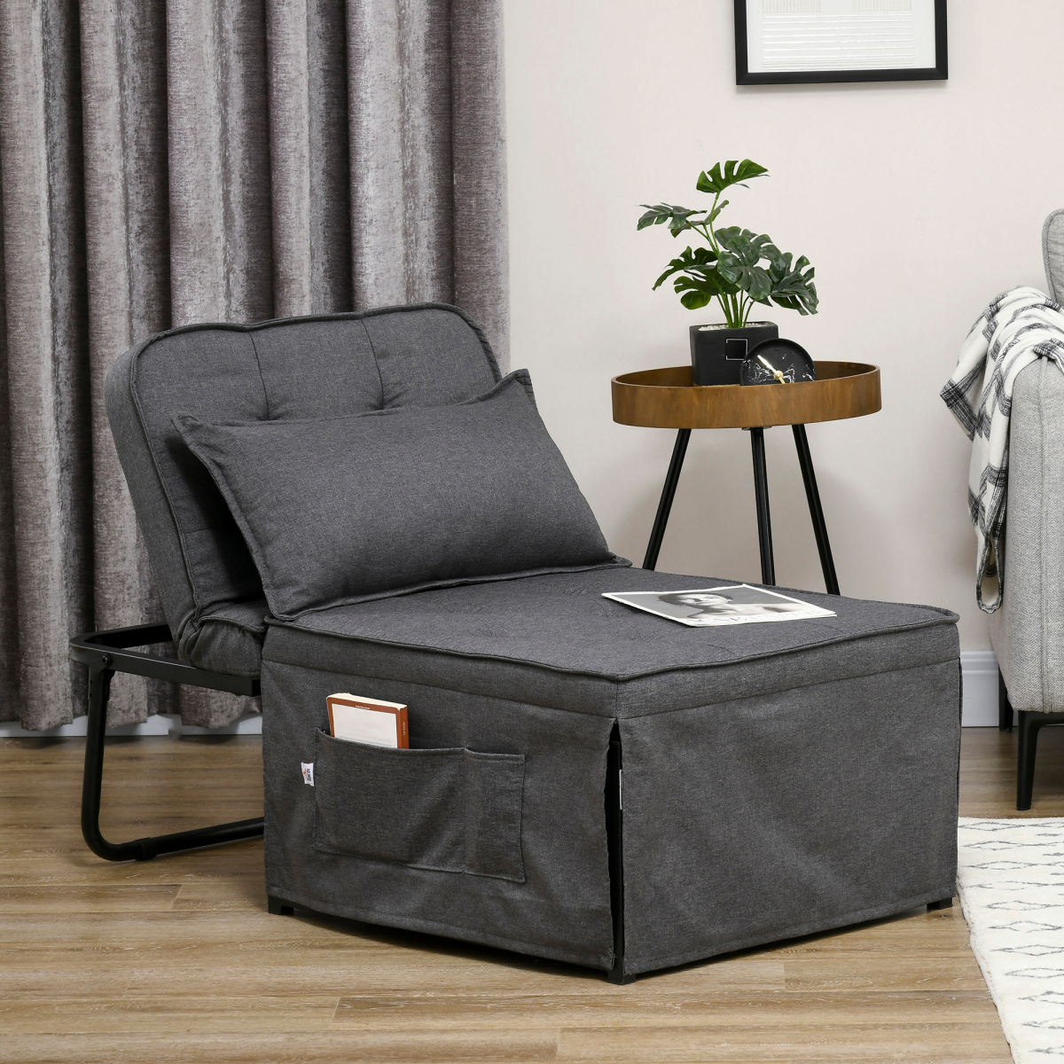HOMCOM Folding Sleeper Chair Bed with Pillow & Side Pockets, Charcoal Grey