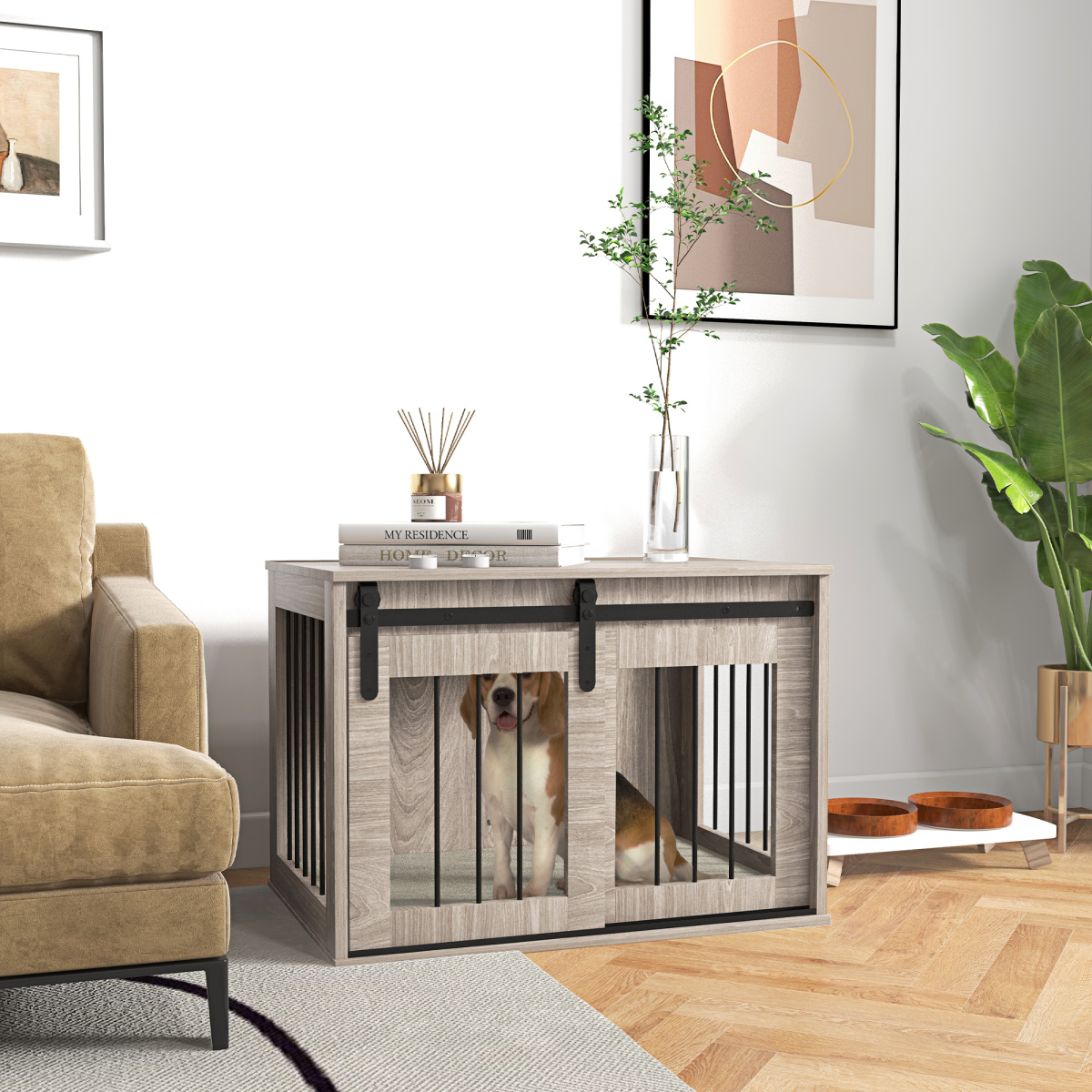 PawHut Dog Crate Furniture Side Table with Removable Cushion - Brown
