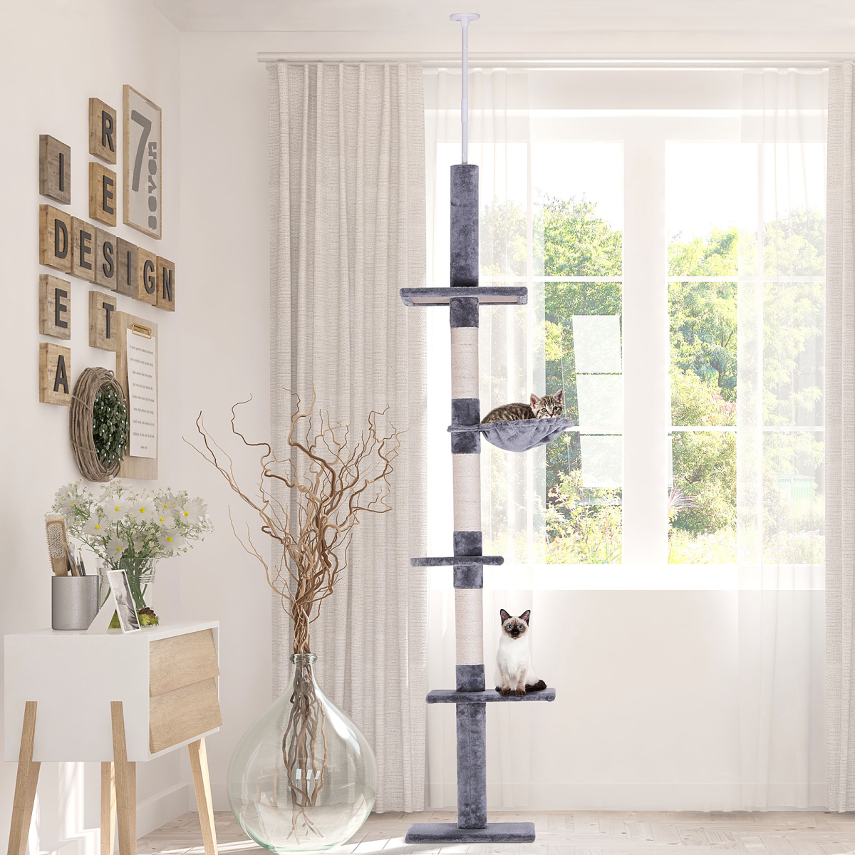 Cat Tree Scratching 5-Tier Kitty Tower Floor to Ceiling Adjustable Pawhut