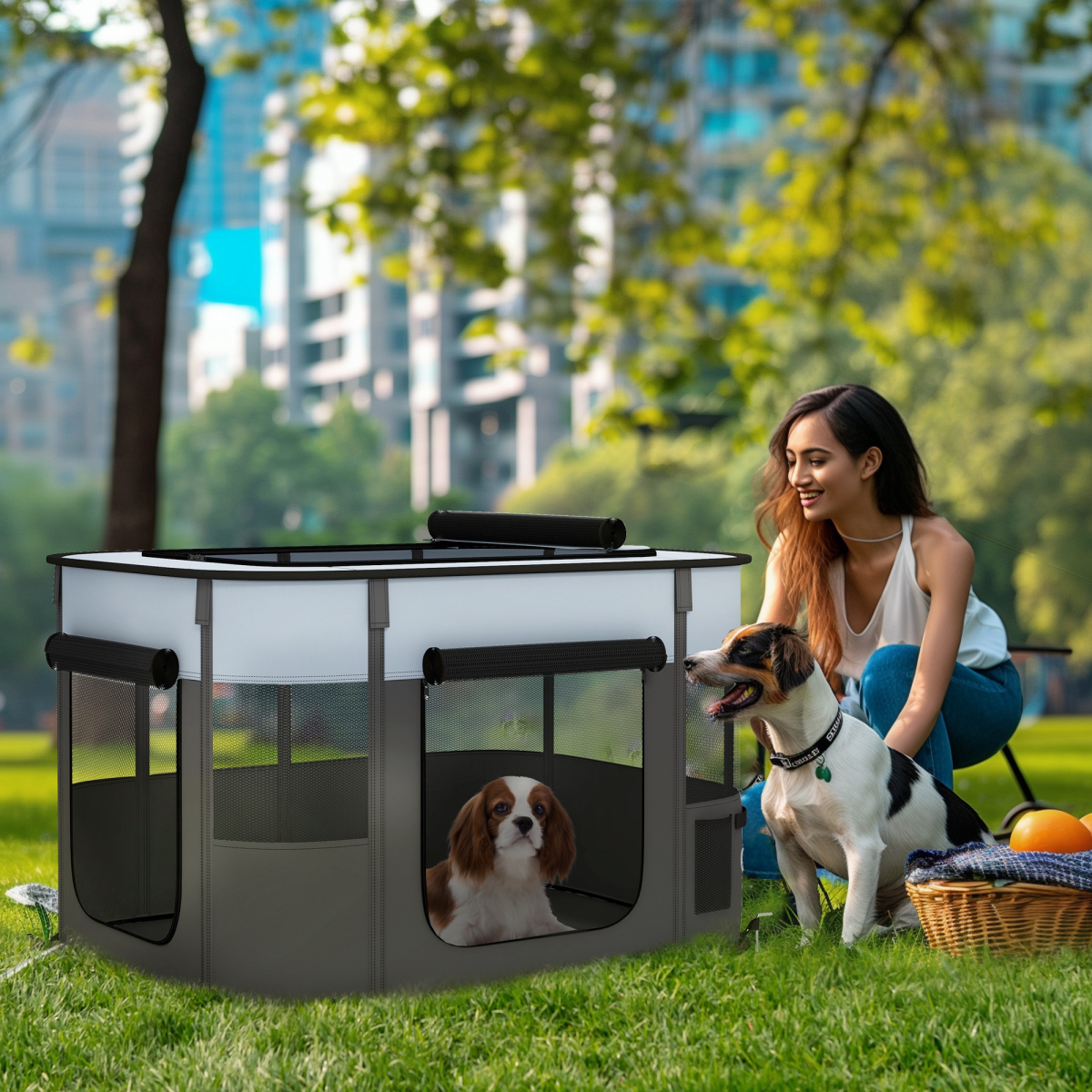 PawHut Foldable Portable Pet Pen with Mesh Windows, Grey