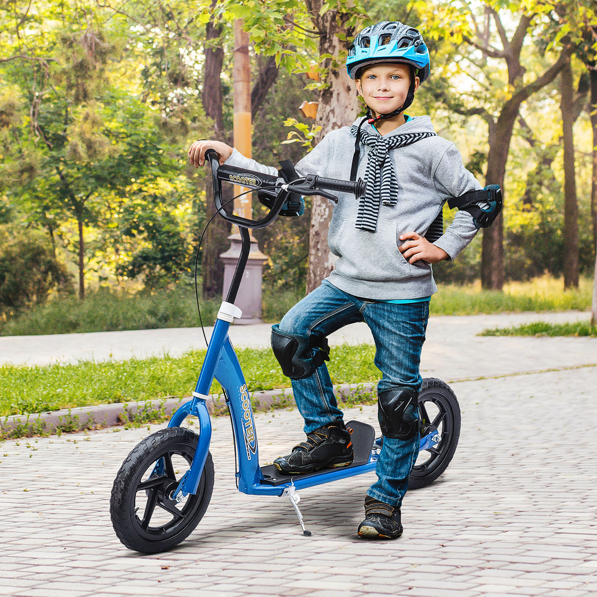 Blue Kids Adjustable Scooter with 12in Foam Wheels, Steel Frame