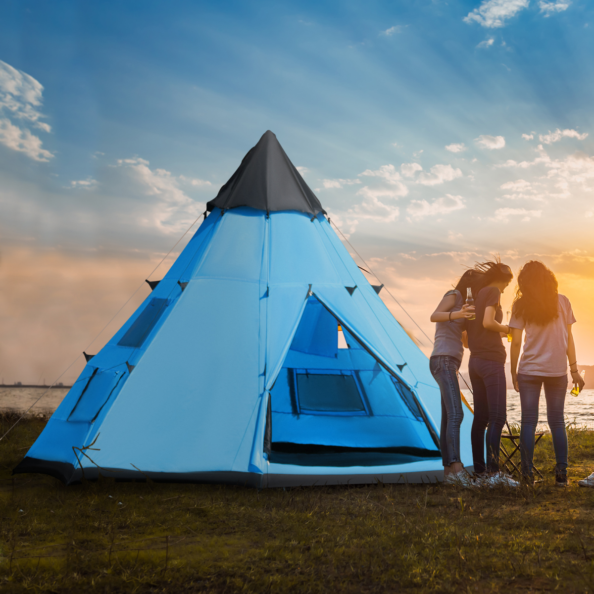 Outsunny 6-Person Large Family Tipi Camping Tent with Carry Bag and Mesh Windows