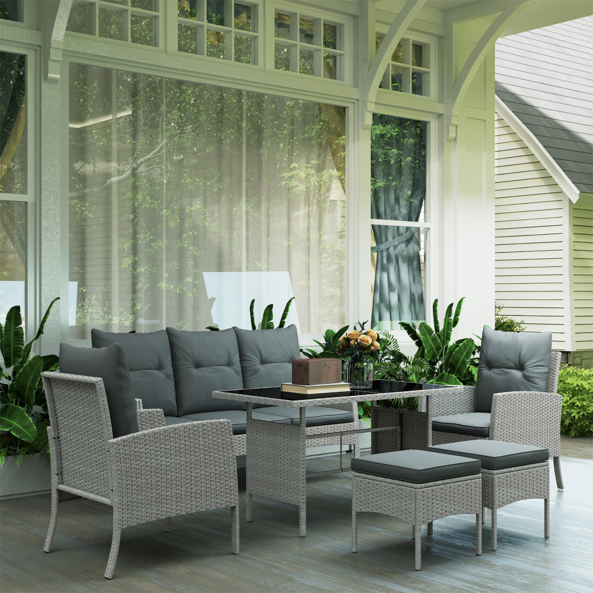 Outsunny 6-Piece Rattan Garden Sofa Set with 2 Armchairs, 3-Seater Sofa, 2 Footstools and Glass-Top Coffee Table, Grey