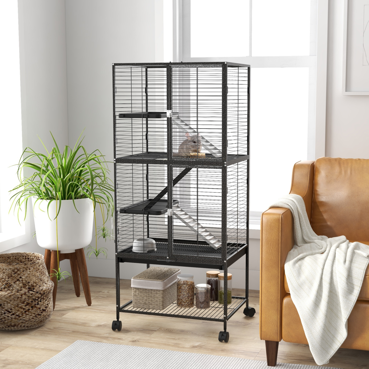 PawHut 136cm Rolling Ferret Cage with 3 Doors & Storage Shelf