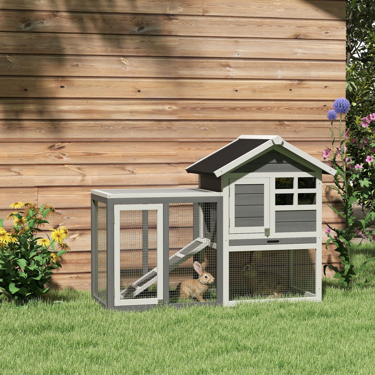 122cm Wooden Rabbit Hutch with Outdoor Run, Ladder and Pull-Out Tray