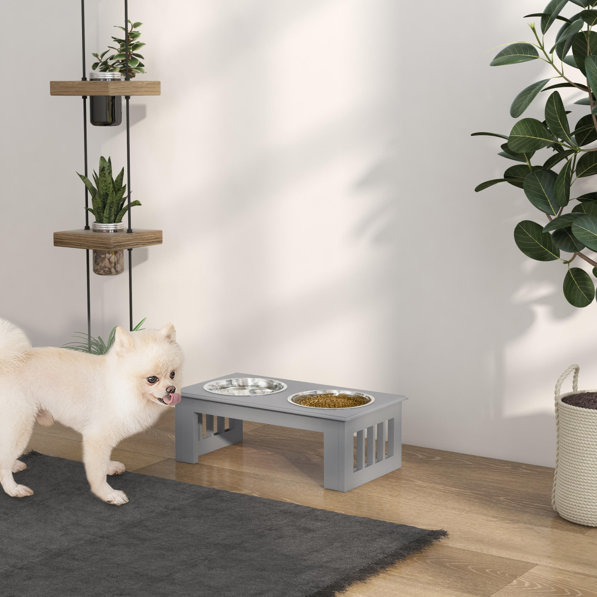 PawHut Elevated Dog Bowl Feeder, Stainless Steel Double Bowl, Grey
