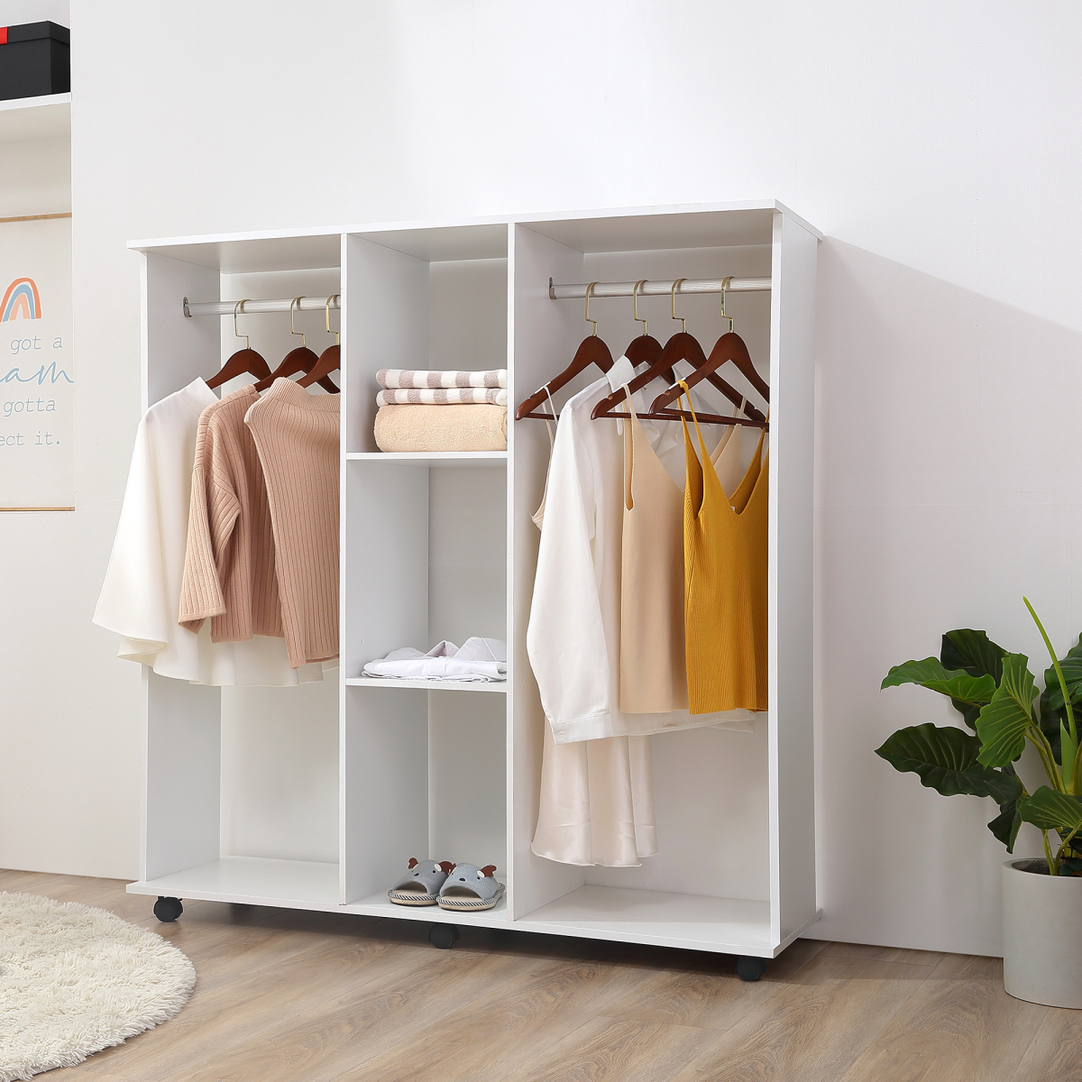 HOMCOM Mobile Double Open Wardrobe with 2 Rails, 3-Tier Cubes, White
