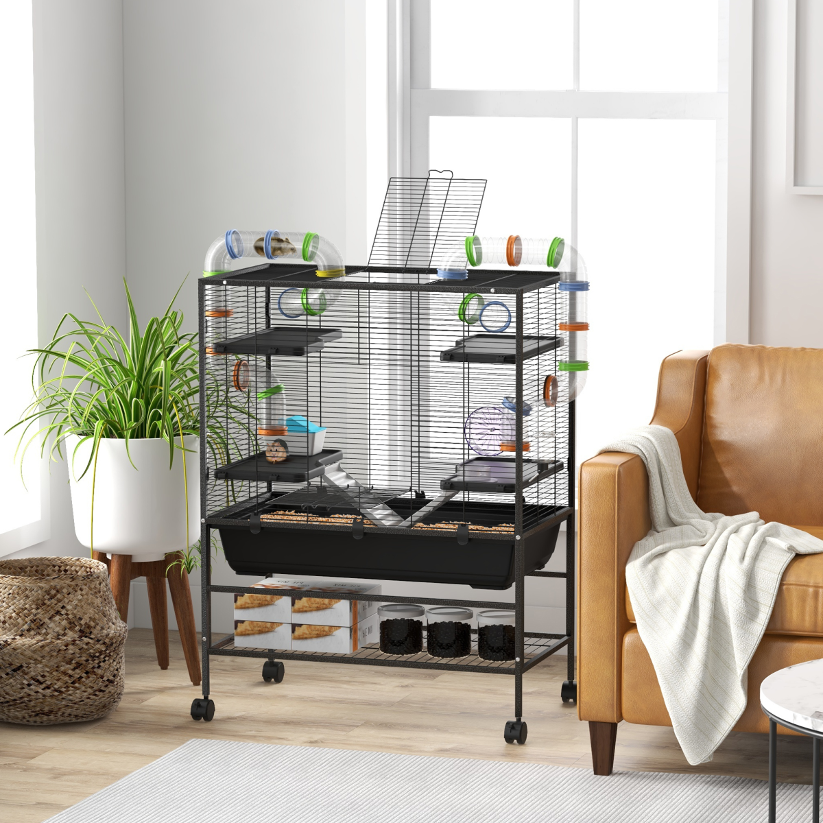 PawHut Large Hamster Cage with Wheels, Tubes, Shelves & Ramps