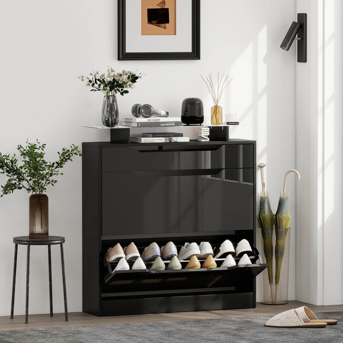 HOMCOM Slim Shoe Cabinet with Glass Top, 2 Flip Drawers, Black